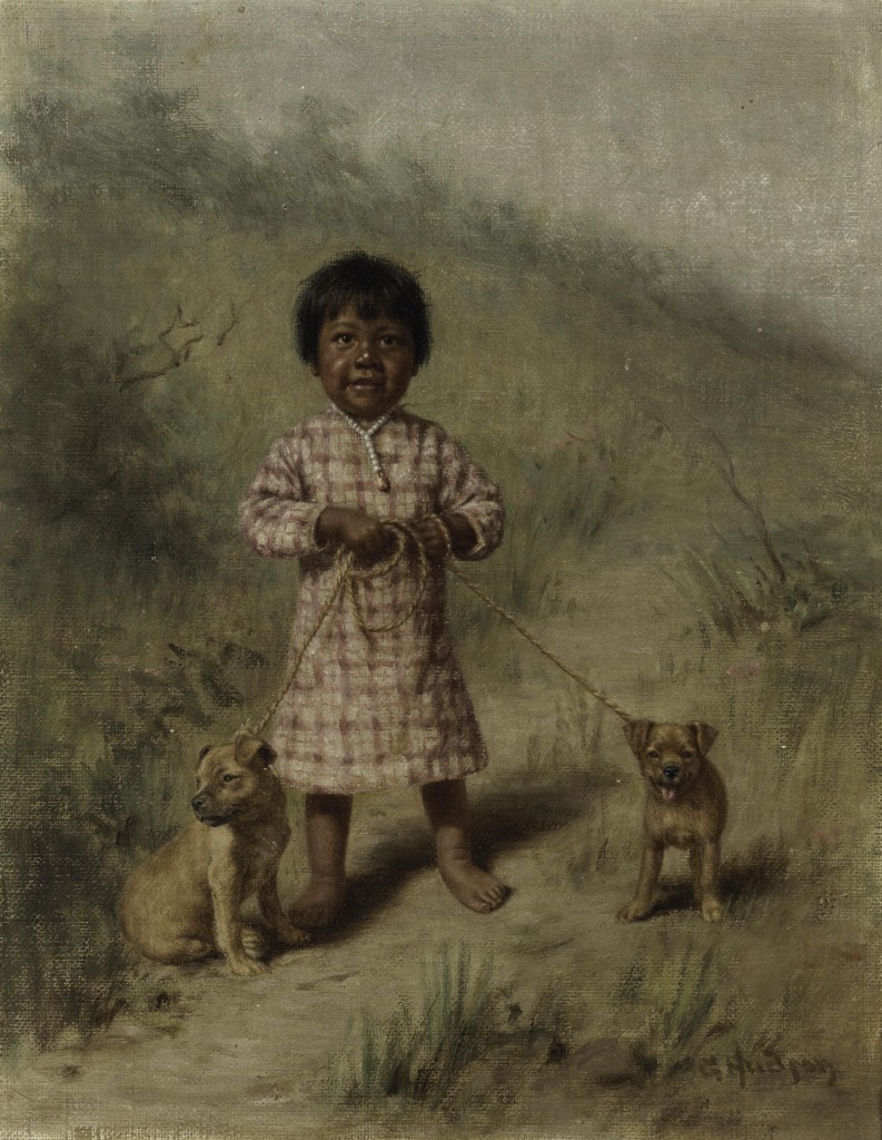 Grace_Carpenter_Hudson_-_Greenie_with_two_yellow_puppies,_1896